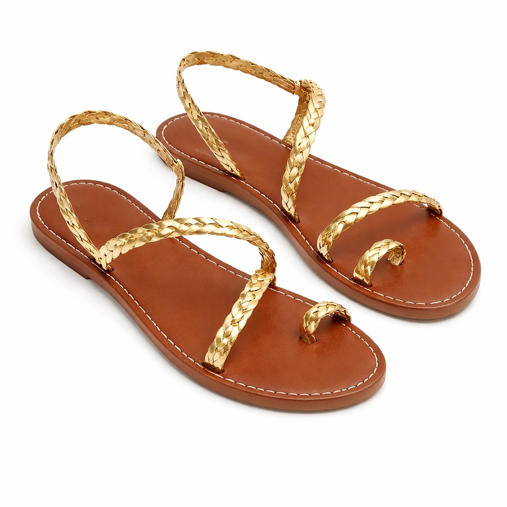 Womens Gold Braided Strap Sandals Brown Leather Flat Toe Ring Gladiator Slip-On